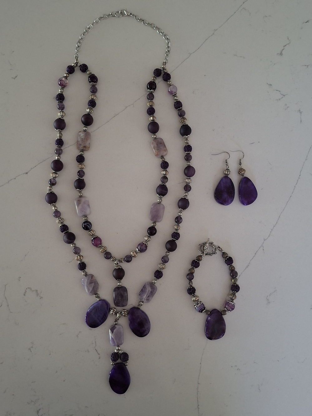 3-Pc Handcrafted Purple Banded Agate, Amethyst & Lava Rock Jewelry Set - EUC